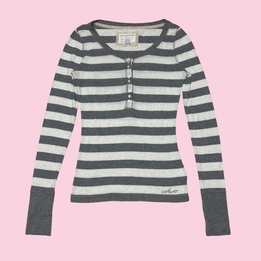 Aeropostale Gray White Striped Waffle Knit Henley Top Long Sleeve M